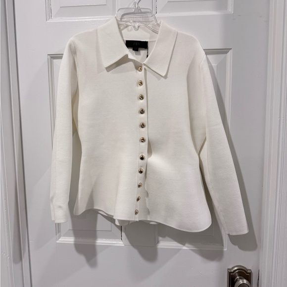 Zara Gold Button White Peplum Cardigan — Size M - NWOT - Picture 7 of 10